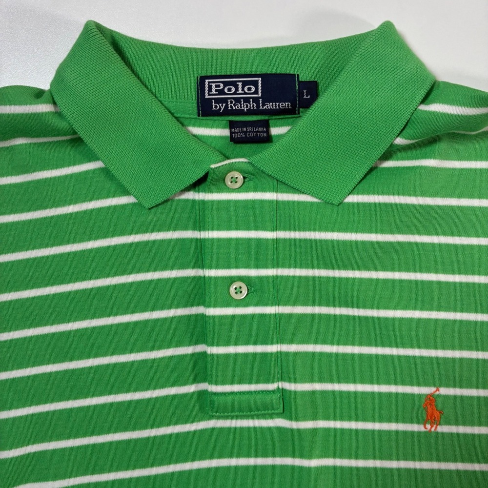 Vintage Polo Ralph Lauren Polo‎ Shirt Large Green Striped Short Sleeve Pony Y2K